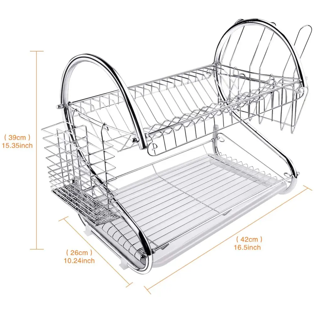 2 Tier Dish Rack with Drain Board for Kitchen Counter and Plated Chrome Dish Dryer Silver 42 x 25,5 x 38 cm - Home &