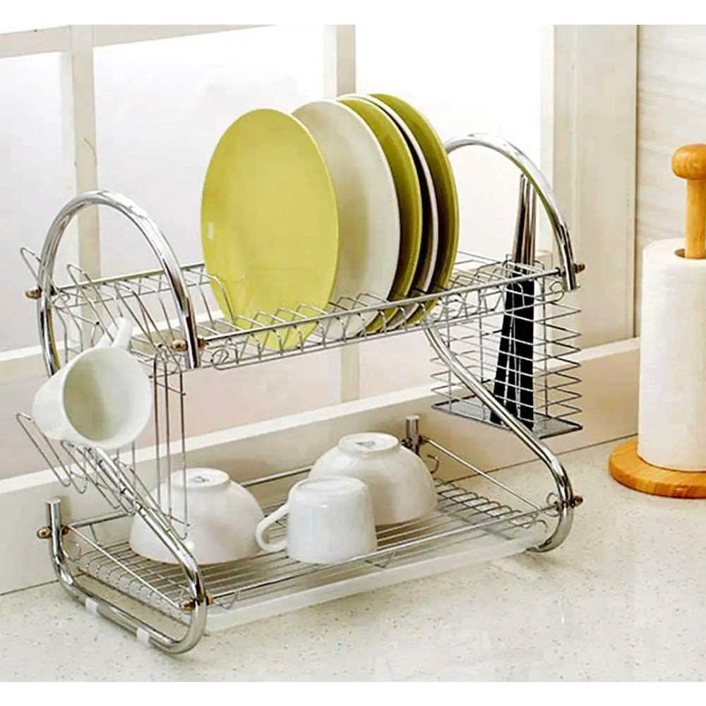 2 Tier Dish Rack with Drain Board for Kitchen Counter and Plated Chrome Dish Dryer Silver 42 x 25,5 x 38 cm - Home &