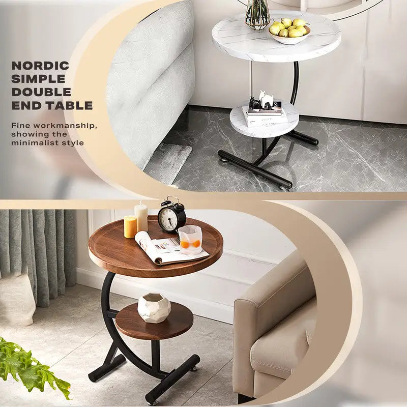 2 Tier End Table Sofa Side End Table Round Nightstand with Sturdy Metal Frame - Furniture > Living Room