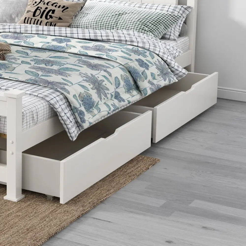 2 x Wooden Bed Frame Storage Trundle Drawers-White - Furniture > Bedroom