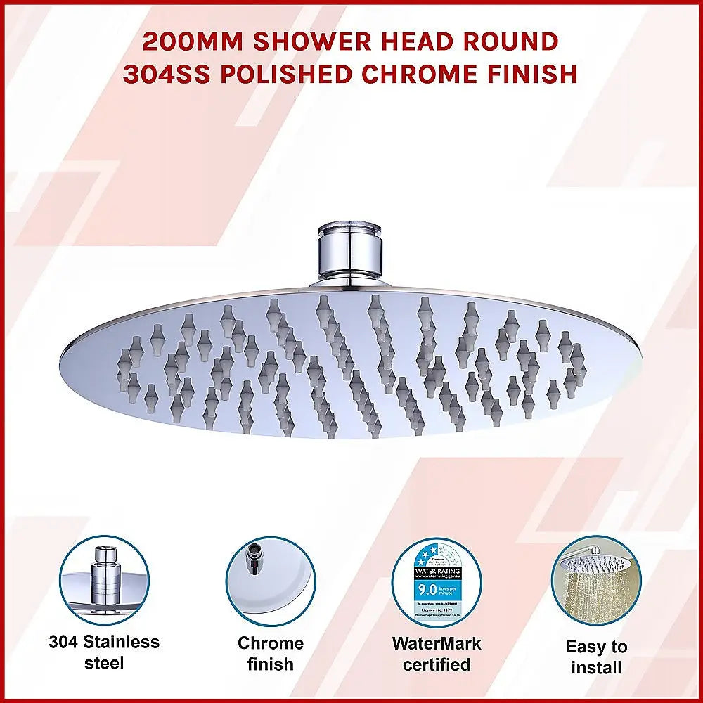 200mm Shower Head Round 304SS Polished Chrome Finish - Furniture > Bathroom