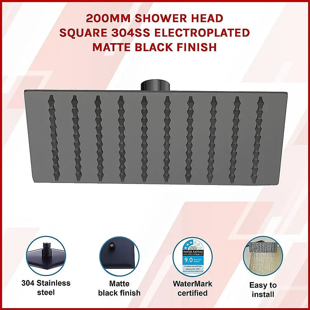 200mm Shower Head Square 304SS Electroplated Matte Black Finish - Furniture > Bathroom