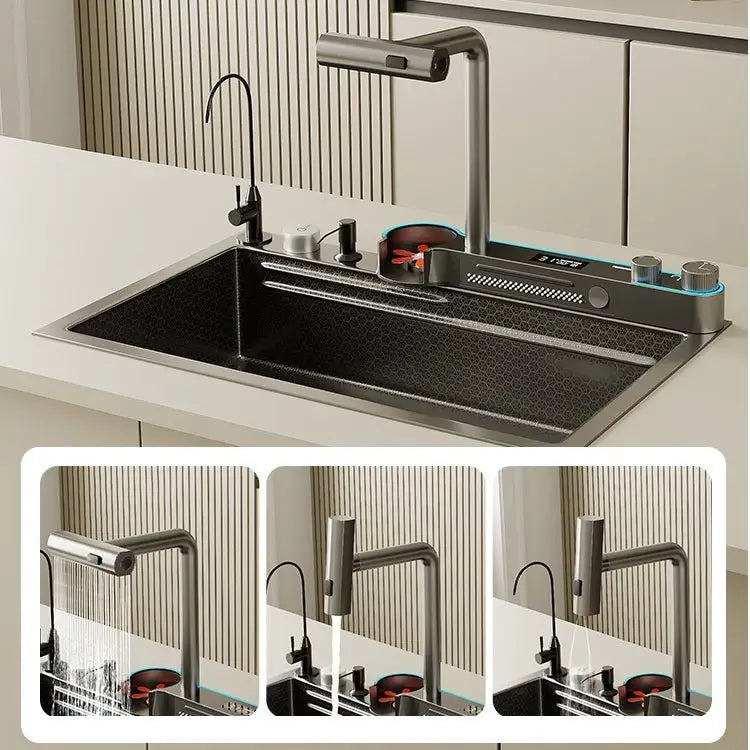 2024 Integrated Waterfall Kitchen Sink Honeycomb Technology Large Digitial Display Stainless Steel Water Filter Cup