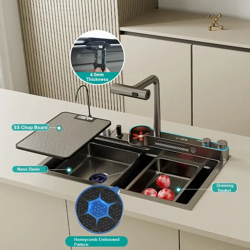 2024 Integrated Waterfall Kitchen Sink Honeycomb Technology Large Digitial Display Stainless Steel Water Filter Cup