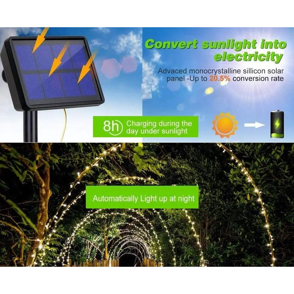20m 200 LED Solar Powered Outdoor Lights with 8 Lighting Modes and Waterproof for Home,Garden and Decoration - Home &