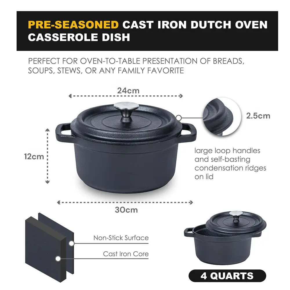 24cm Pre-seasoned NonStick Cast Iron Dutch Oven Handles Lid Skillet Cookware Braising Pot Pan Casserole - Home & Garden