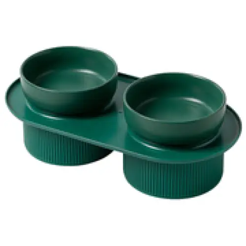 24x Ribbed Ceramic Double Pet Bowl 3pc Set - Emerald - Pet Care > Cat Supplies > Cat Bowls Feeders & Waterers