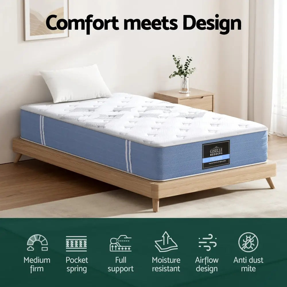25cm Giselle Mattress Single Bed Pocket Spring Mattresses - Furniture > Mattresses > Single Mattress