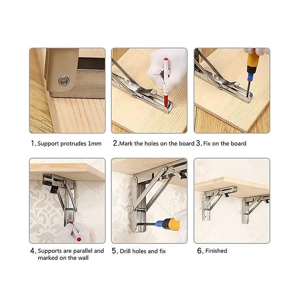 2x 10’’ Stainless Steel Folding Table Bracket Shelf Bench 50kg Load Heavy Duty - Furniture > Office