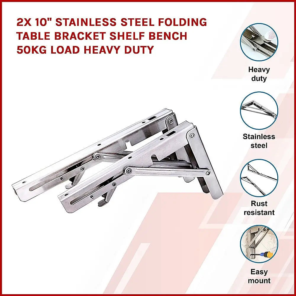 2x 10’’ Stainless Steel Folding Table Bracket Shelf Bench 50kg Load Heavy Duty - Furniture > Office