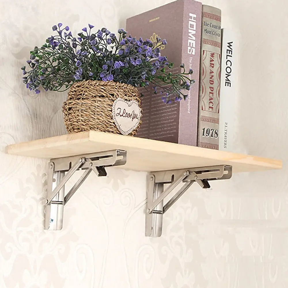 2x 10’’ Stainless Steel Folding Table Bracket Shelf Bench 50kg Load Heavy Duty - Furniture > Office
