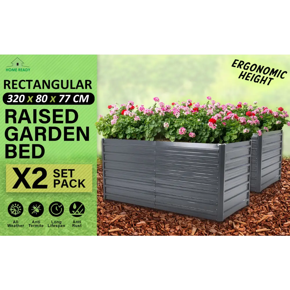 2X 2-in-1 Raised Garden Bed Galvanised Steel Planter 320 x 80 x 77cm GREY - Home & Garden > Garden Beds