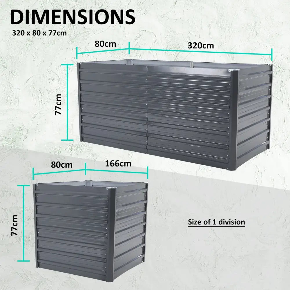 2X 2-in-1 Raised Garden Bed Galvanised Steel Planter 320 x 80 x 77cm GREY - Home & Garden > Garden Beds