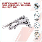 2x 20’’ Stainless Steel Folding Table Bracket Shelf Bench 50kg Load Heavy Duty - Furniture > Office