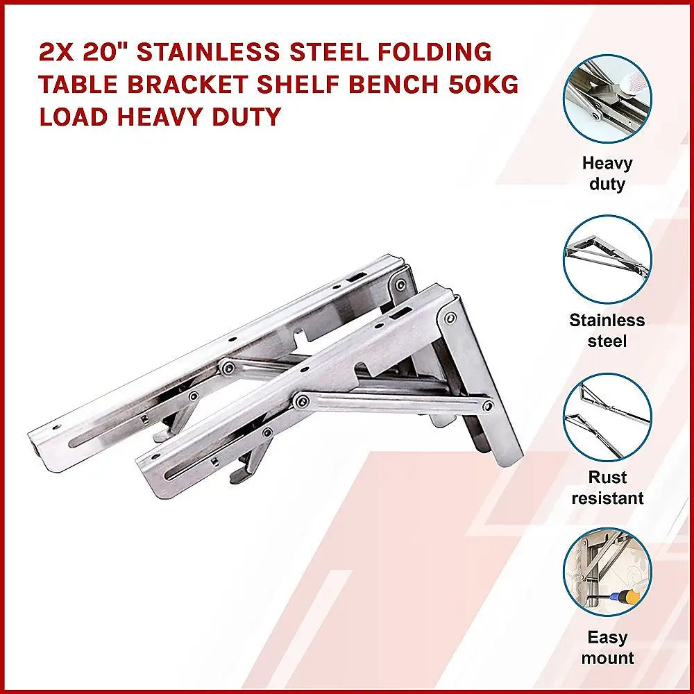 2x 20’’ Stainless Steel Folding Table Bracket Shelf Bench 50kg Load Heavy Duty - Furniture > Office