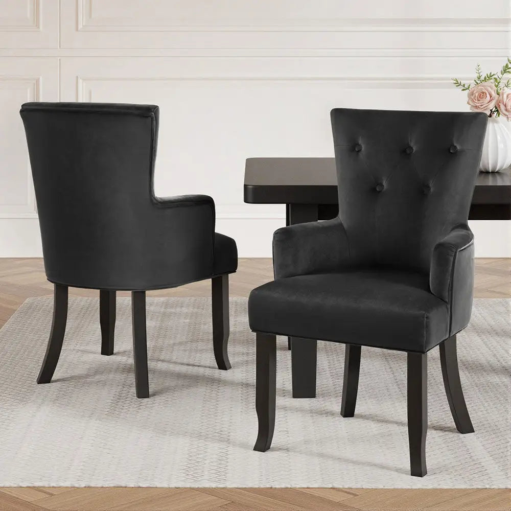 2x Artiss Dining Chairs Velvet French Provincial Armchair Black - Furniture > Bar Stools & Chairs > Arm Chairs &