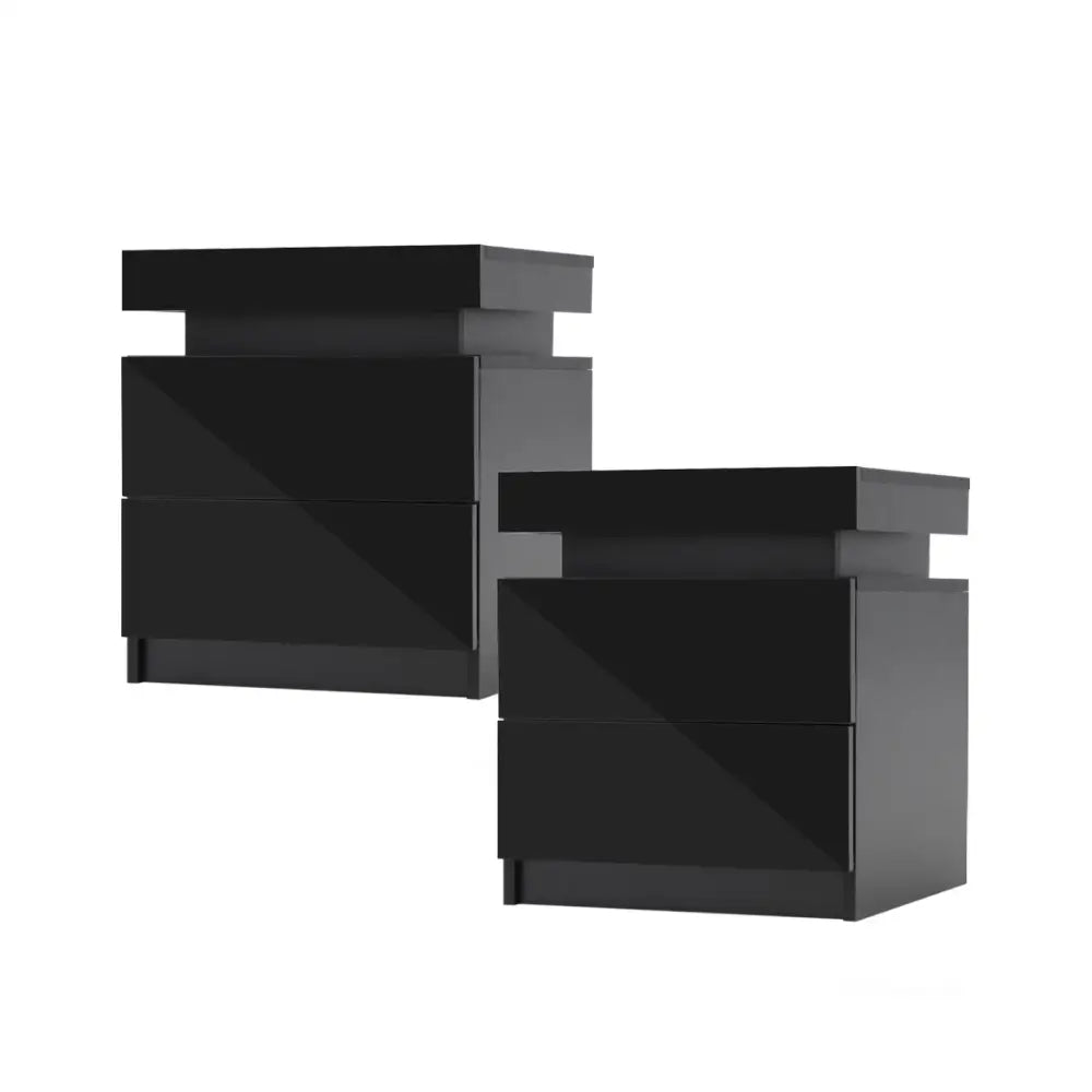 2X Bedside Table 2 Drawers RGB LED Bedroom Nightstand Gloss AURORA BLACK - Furniture > Bedroom