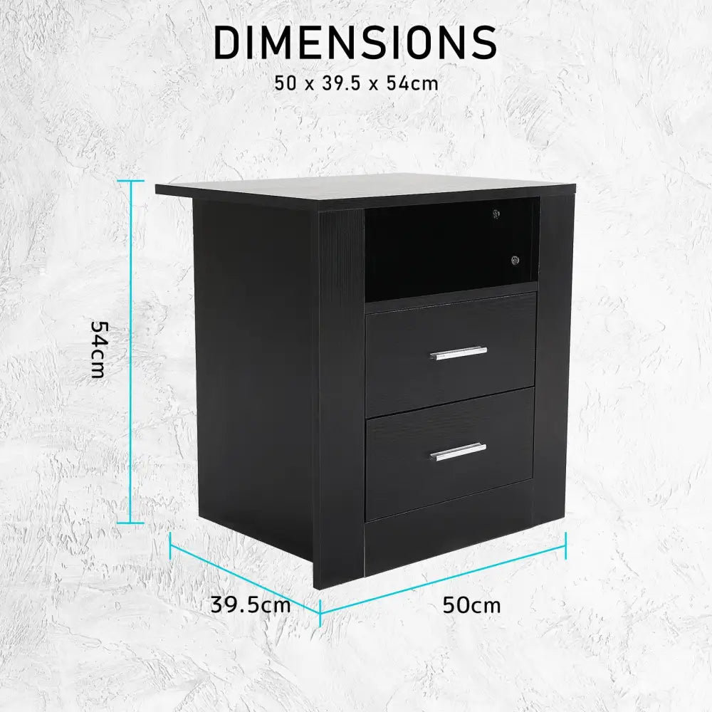 2X Bedside Table Side Storage Cabinet Nightstand Bedroom 2 Drawer 1 Shelf ZURI BLACK - Furniture > Bedroom > Bedside
