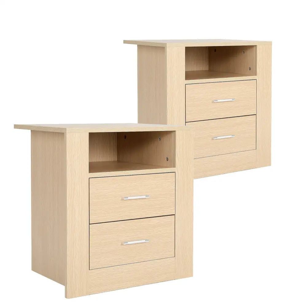 2X Bedside Table Side Storage Nightstand Bedroom 2 Drawer 1 Shelf ZURI OAK - Furniture > Bedroom