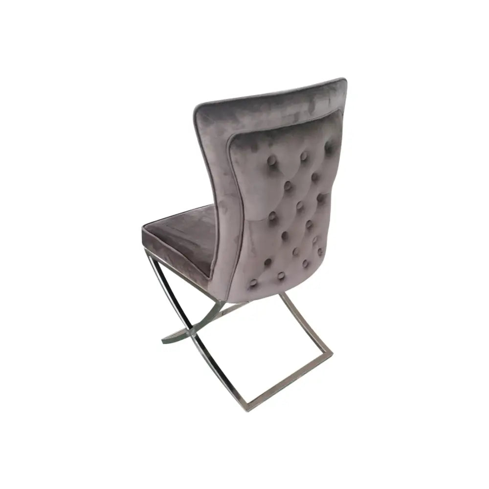 2X Dining Chair Grey Fabric Upholstery Beautiful Quilting Shiny Silver Colour Legs - Furniture > Dining