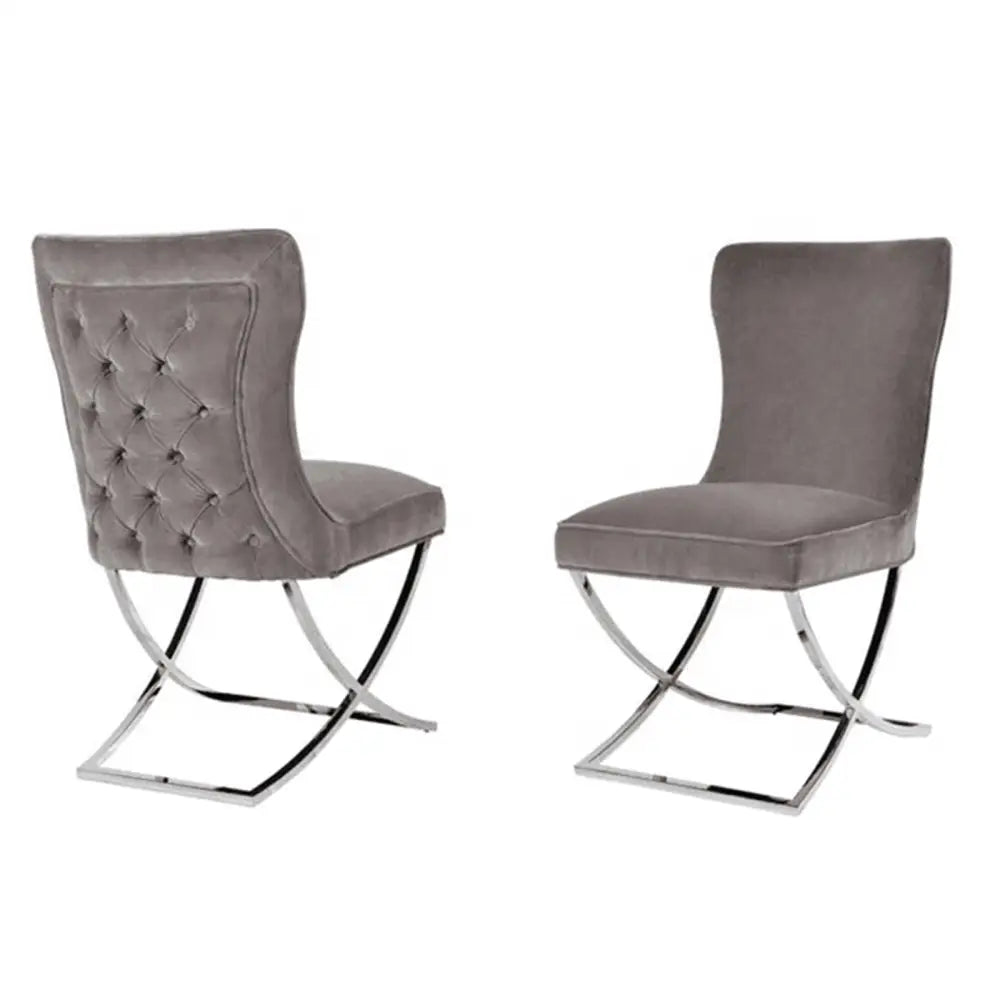 2x Dining Chairs Grey Fabric Upholstery Quilting Silver Color Legs - Furniture > Dining > Kitchen & Dining Chairs