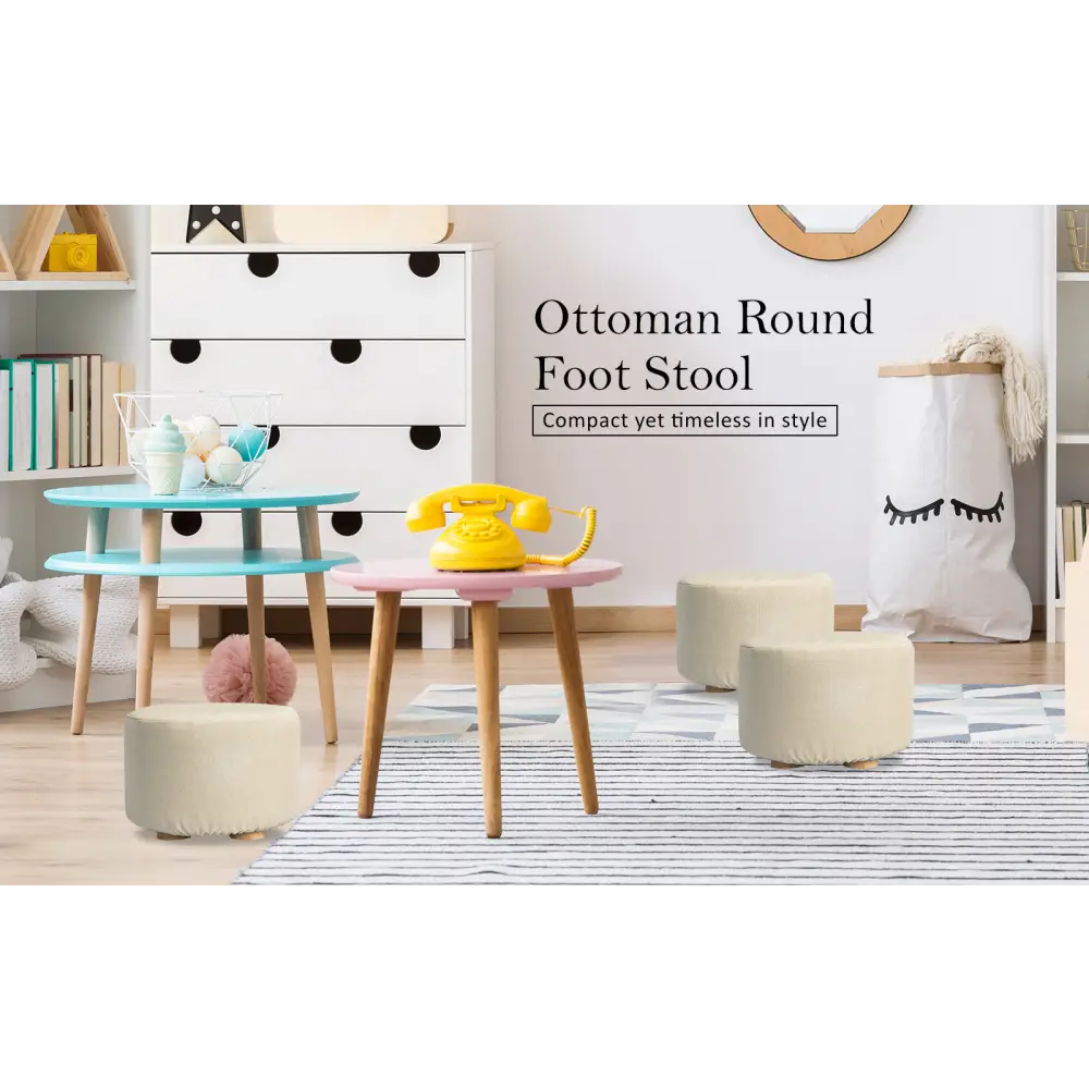 2X Fabric Ottoman Round Wooden Leg Foot Stool - BEIGE - Furniture > Living Room
