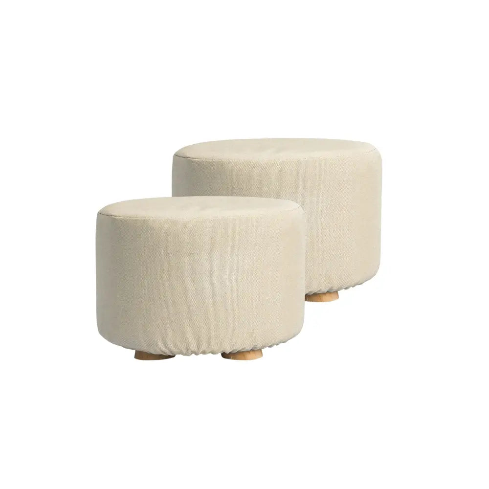 2X Fabric Ottoman Round Wooden Leg Foot Stool - BEIGE - Furniture > Living Room