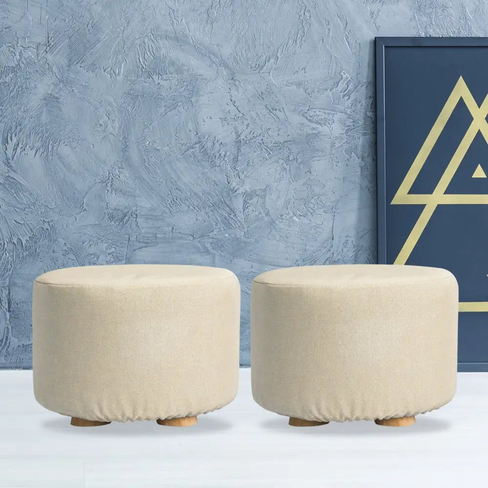 2X Fabric Ottoman Round Wooden Leg Foot Stool - BEIGE - Furniture > Living Room