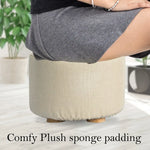 2X Fabric Ottoman Round Wooden Leg Foot Stool - BEIGE - Furniture > Living Room