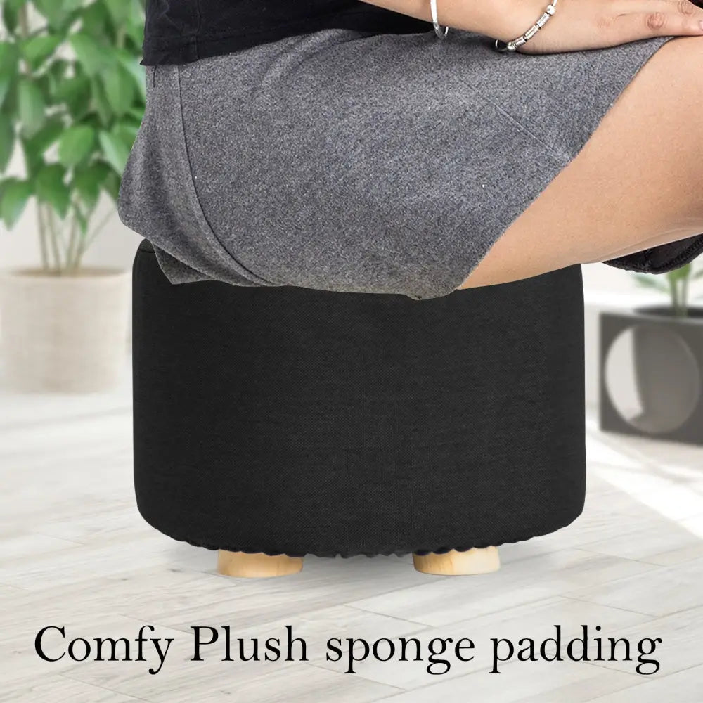 2X Fabric Ottoman Round Wooden Leg Foot Stool - BLACK - Furniture > Living Room