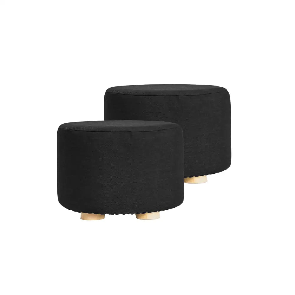 2X Fabric Ottoman Round Wooden Leg Foot Stool - BLACK - Furniture > Living Room