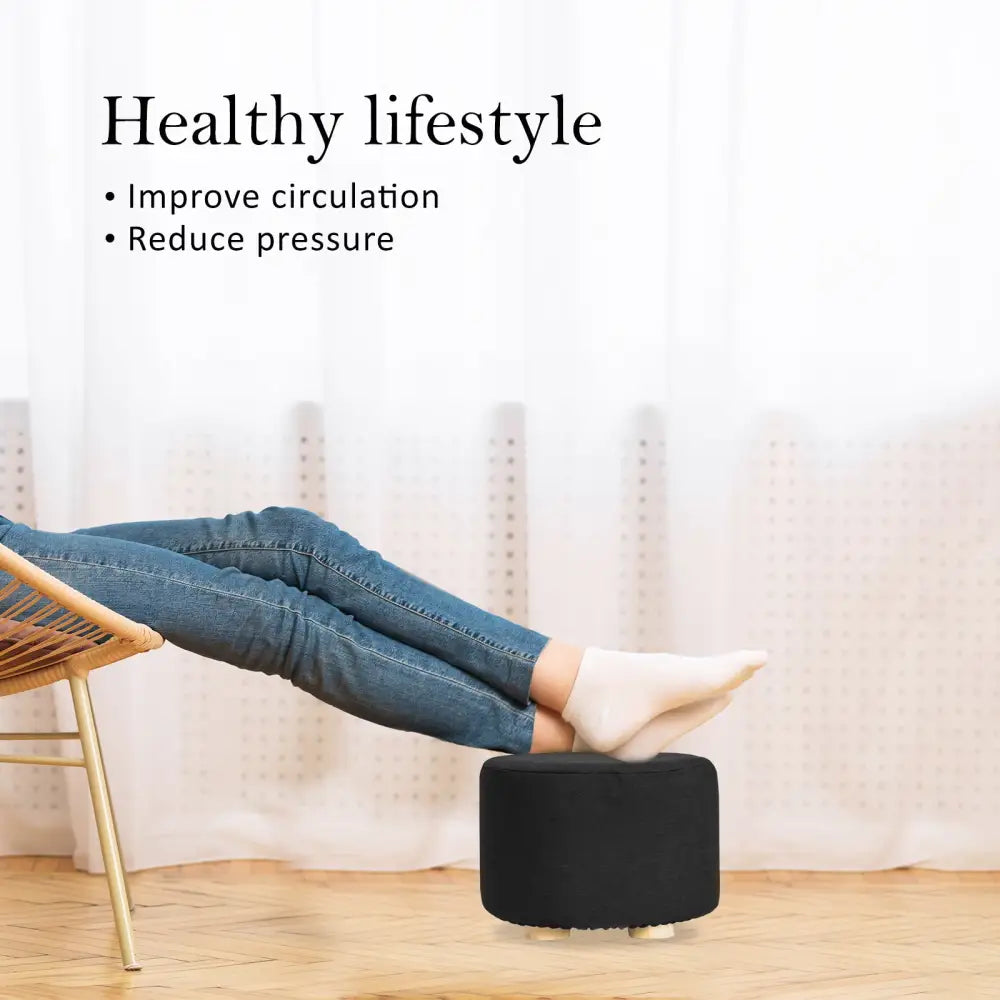 2X Fabric Ottoman Round Wooden Leg Foot Stool - BLACK - Furniture > Living Room
