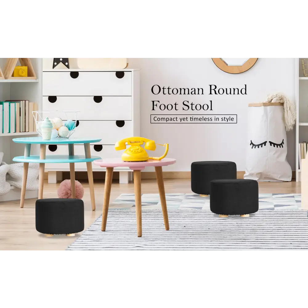2X Fabric Ottoman Round Wooden Leg Foot Stool - BLACK - Furniture > Living Room