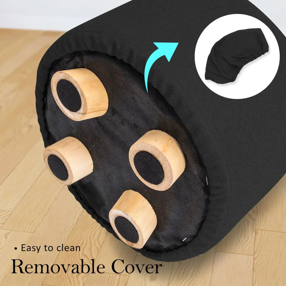 2X Fabric Ottoman Round Wooden Leg Foot Stool - BLACK - Furniture > Living Room