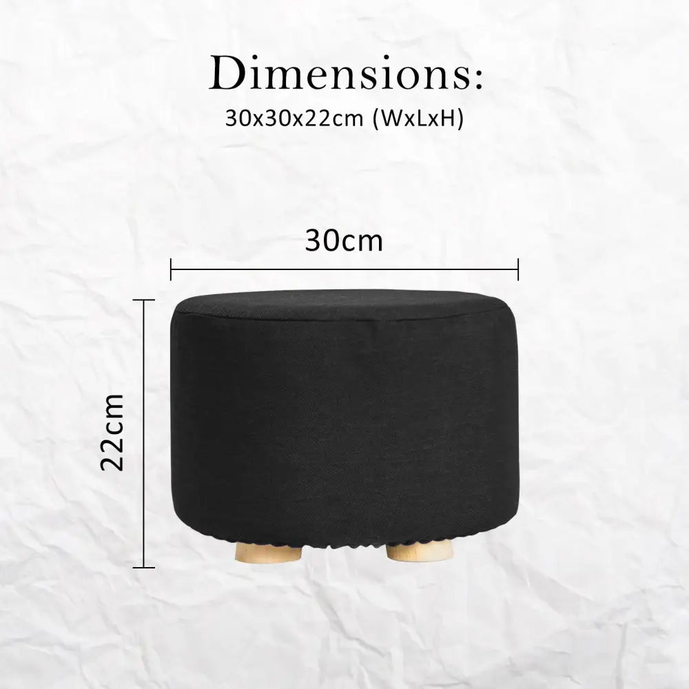 2X Fabric Ottoman Round Wooden Leg Foot Stool - BLACK - Furniture > Living Room