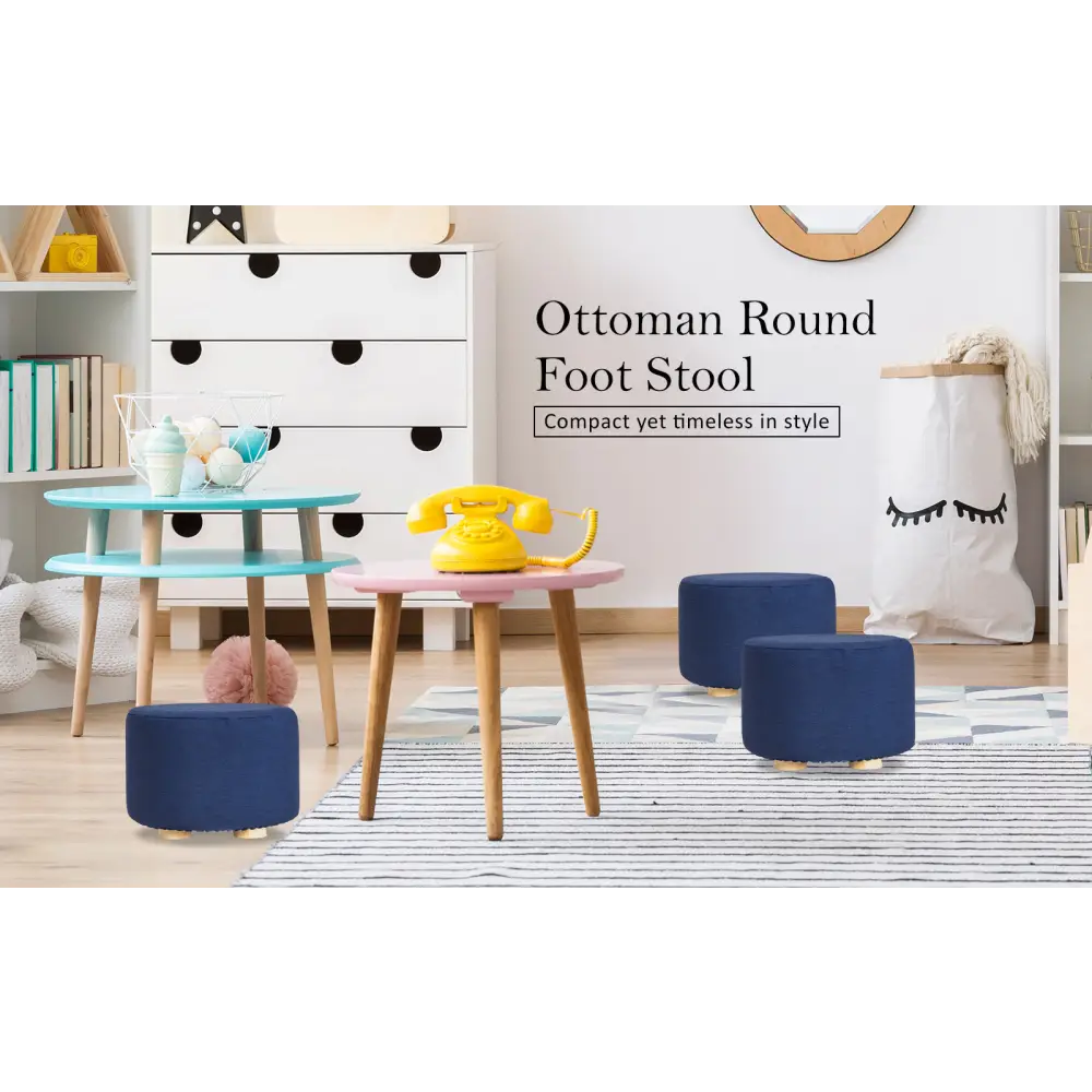 2X Fabric Ottoman Round Wooden Leg Foot Stool - DARK BLUE - Furniture > Living Room