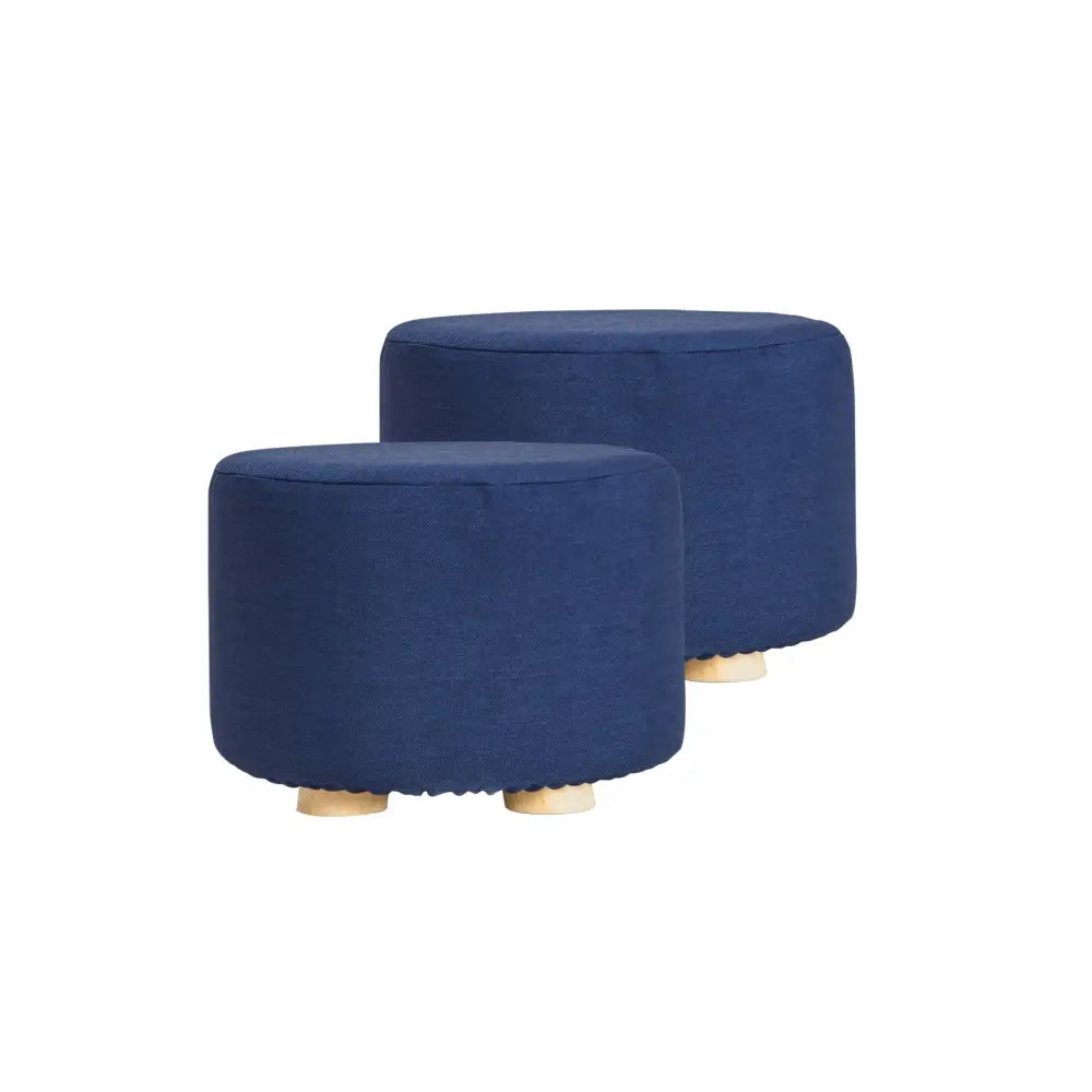 2X Fabric Ottoman Round Wooden Leg Foot Stool - DARK BLUE - Furniture > Living Room