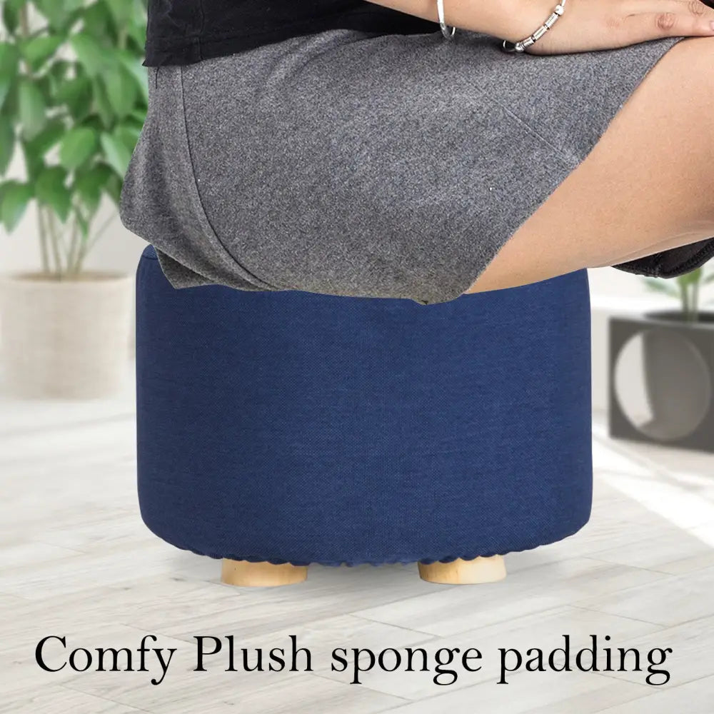 2X Fabric Ottoman Round Wooden Leg Foot Stool - DARK BLUE - Furniture > Living Room