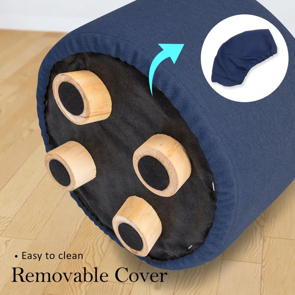 2X Fabric Ottoman Round Wooden Leg Foot Stool - DARK BLUE - Furniture > Living Room