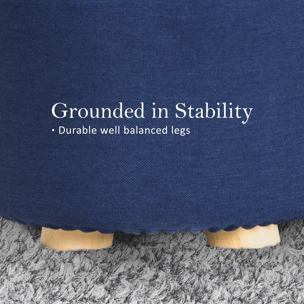 2X Fabric Ottoman Round Wooden Leg Foot Stool - DARK BLUE - Furniture > Living Room