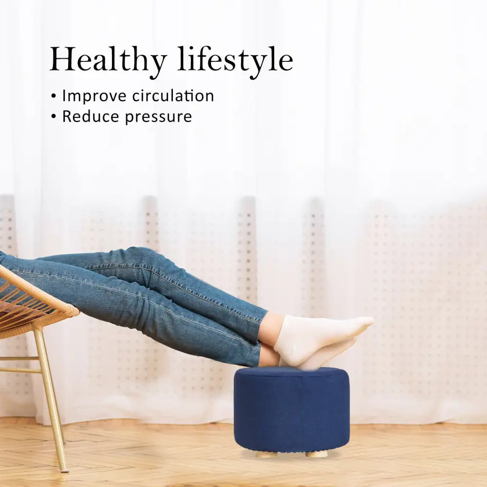 2X Fabric Ottoman Round Wooden Leg Foot Stool - DARK BLUE - Furniture > Living Room