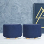 2X Fabric Ottoman Round Wooden Leg Foot Stool - DARK BLUE - Furniture > Living Room