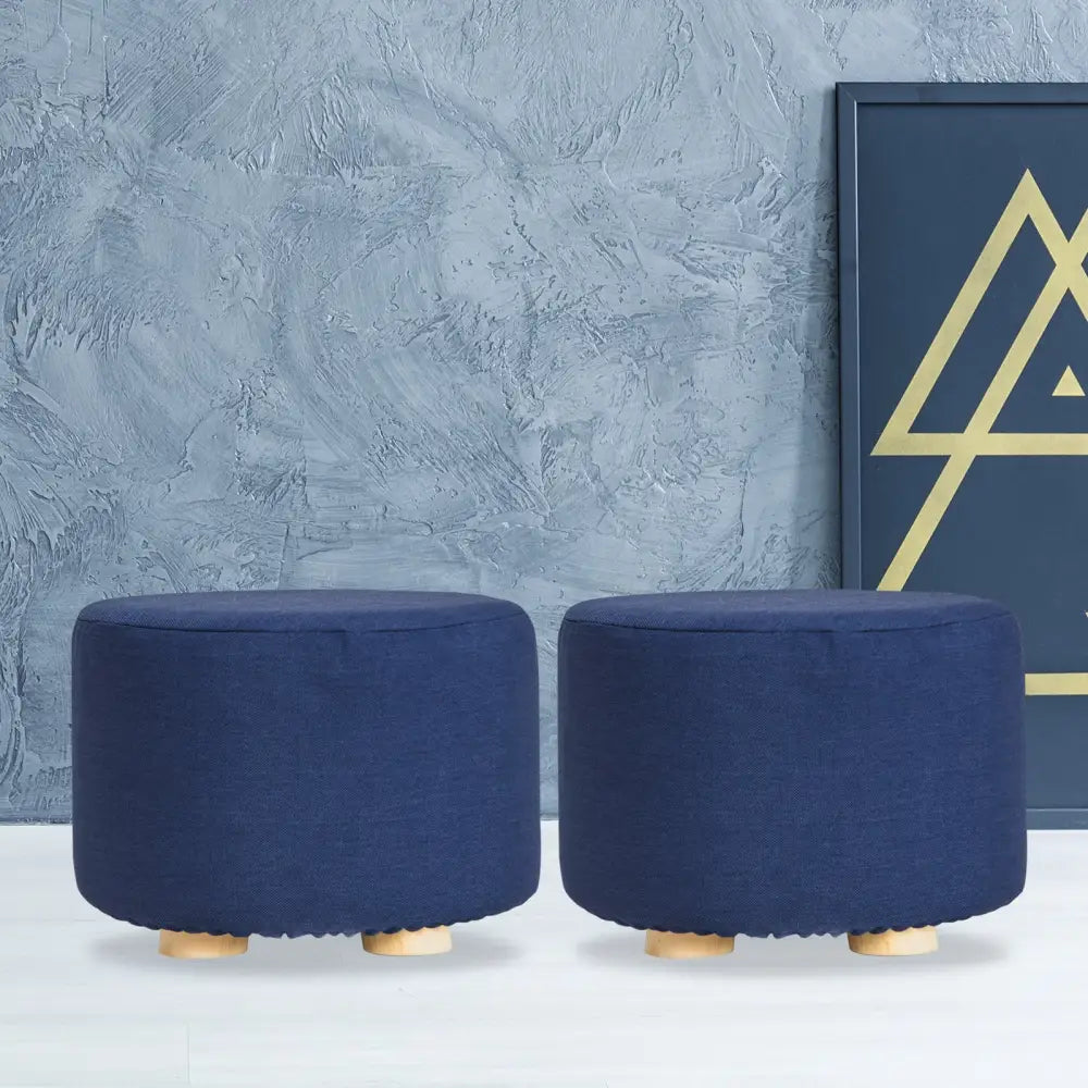 2X Fabric Ottoman Round Wooden Leg Foot Stool - DARK BLUE - Furniture > Living Room
