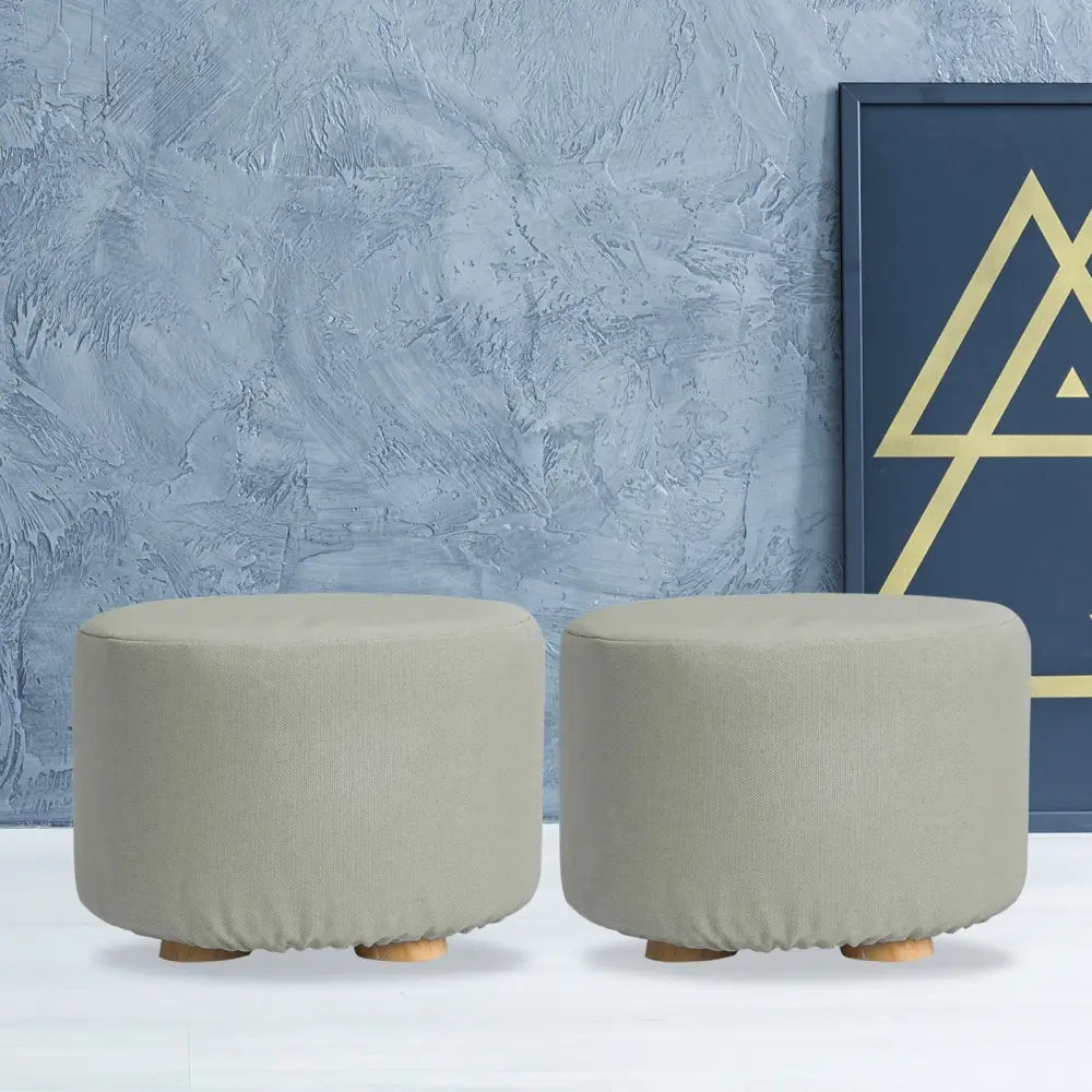 2X Fabric Ottoman Round Wooden Leg Foot Stool - GREY - Furniture > Living Room