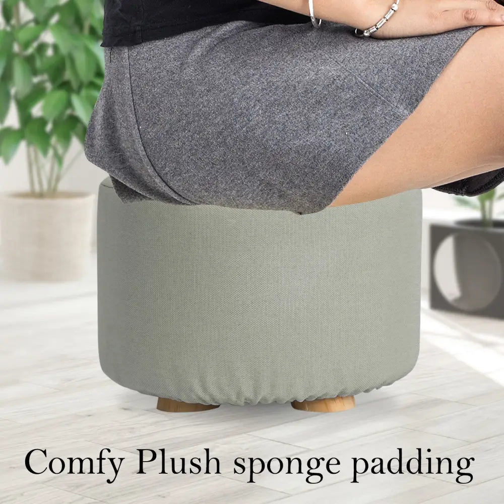 2X Fabric Ottoman Round Wooden Leg Foot Stool - GREY - Furniture > Living Room