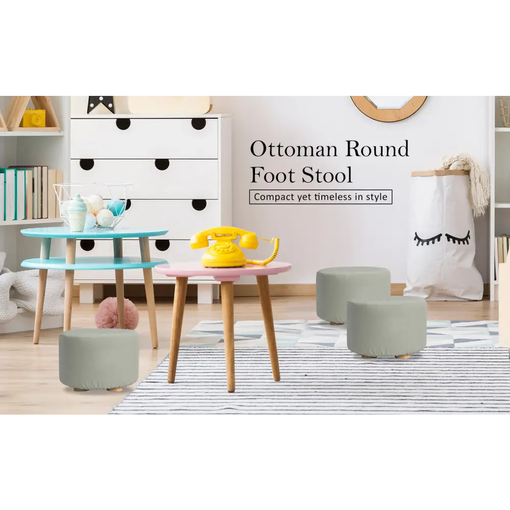 2X Fabric Ottoman Round Wooden Leg Foot Stool - GREY - Furniture > Living Room