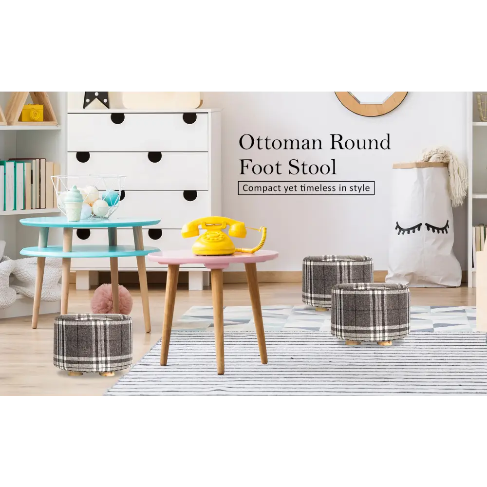 2X Fabric Ottoman Round Wooden Leg Foot Stool - LATTICE - Furniture > Living Room