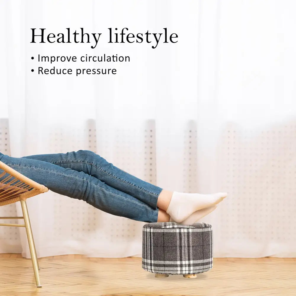 2X Fabric Ottoman Round Wooden Leg Foot Stool - LATTICE - Furniture > Living Room