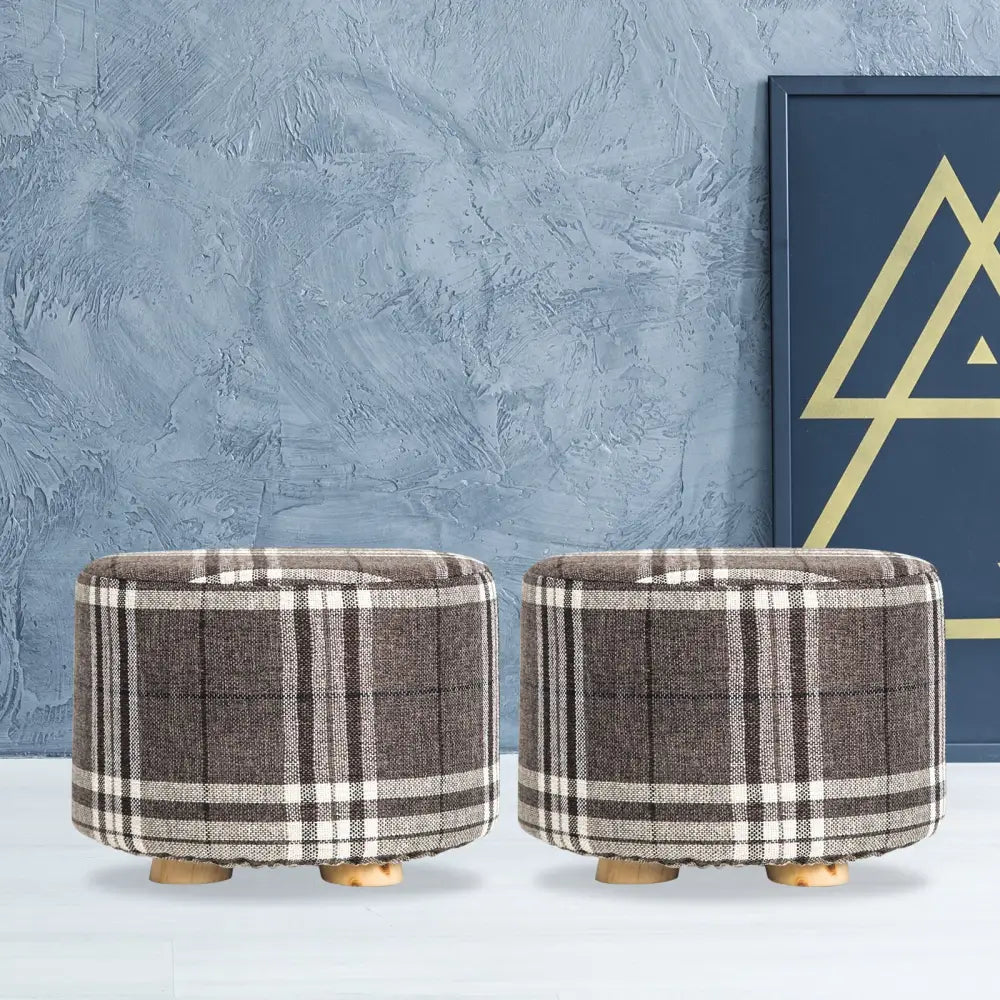 2X Fabric Ottoman Round Wooden Leg Foot Stool - LATTICE - Furniture > Living Room