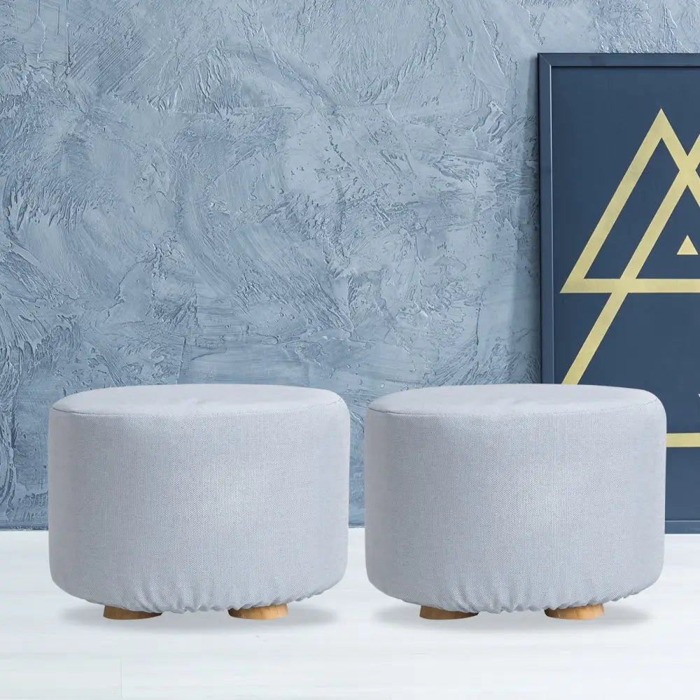 2X Fabric Ottoman Round Wooden Leg Foot Stool - LIGHT BLUE - Furniture > Living Room